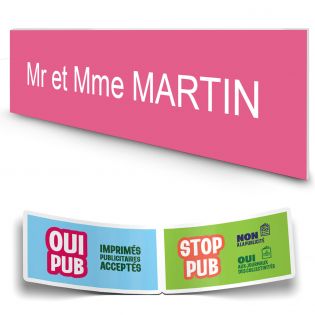 Plaque boite aux lettres personnalisée adhésive au format 100x25mm - rose lettres blanches - 1 ligne