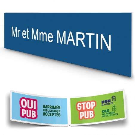 Plaque boite aux lettres personnalisée adhésive au format 100x25mm - bleue lettres blanches - 1 ligne