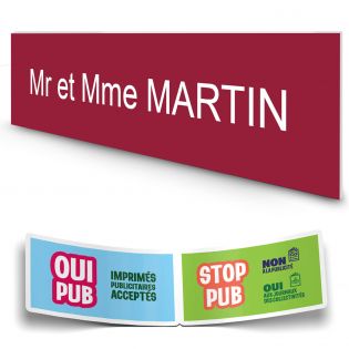 Plaque boite aux lettres personnalisée adhésive au format 100x25mm - bordeaux - 1 ligne +Stickers Stop Pub Offerts
