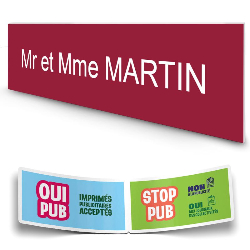 Plaque boite aux lettres personnalisée adhésive au format 100x25mm - bordeaux - 1 ligne +Stickers Stop Pub Offerts Plaque boite aux lettres personnalisée adhésive au format 100x25mm - bordeaux - 1 ligne +Stickers Stop Pub Offerts