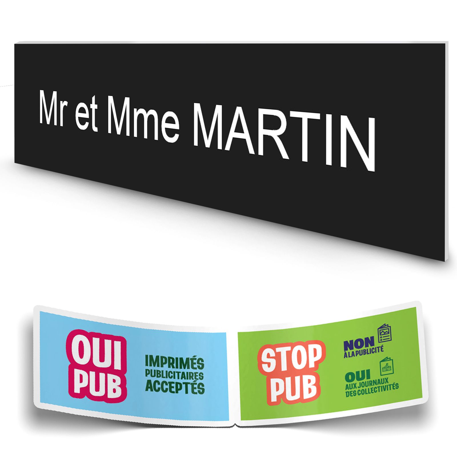 Plaque boite aux lettres personnalisée adhésive au format 100x25mm - noire- 1 ligne +Stickers Stop Pub Offerts