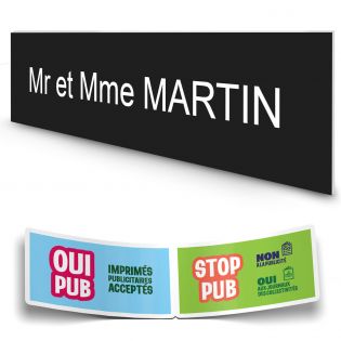 Plaque boite aux lettres personnalisée adhésive au format 100x25mm - noire- 1 ligne +Stickers Stop Pub Offerts
