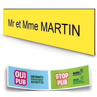 Plaque boite aux lettres personnalisée adhésive au format 100x25mm - jaune- 1 ligne +Stickers Stop Pub Offerts