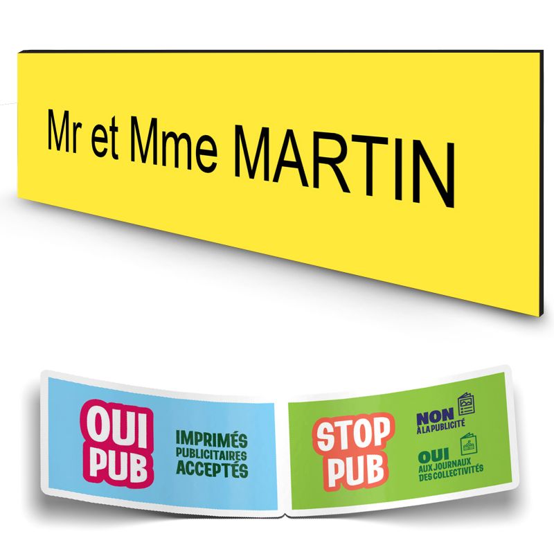 Plaque boite aux lettres personnalisée adhésive au format 100x25mm - jaune- 1 ligne +Stickers Stop Pub Offerts Plaque boite aux lettres personnalisée adhésive au format 100x25mm - jaune- 1 ligne +Stickers Stop Pub Offerts
