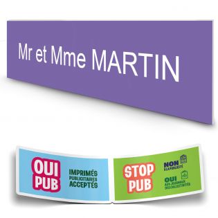 Plaque boite aux lettres personnalisée adhésive au format 100x25mm - violette- 1 ligne +Stickers Stop Pub Offerts