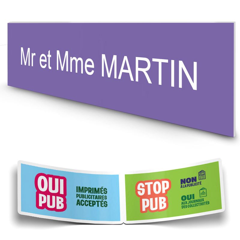 Plaque boite aux lettres personnalisée adhésive au format 100x25mm - violette- 1 ligne +Stickers Stop Pub Offerts Plaque boite aux lettres personnalisée adhésive au format 100x25mm - violette- 1 ligne +Stickers Stop Pub Offerts