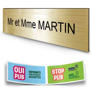 Plaque boite aux lettres personnalisée adhésive au format 100x25mm - or brossé lettres noires - 1 ligne
