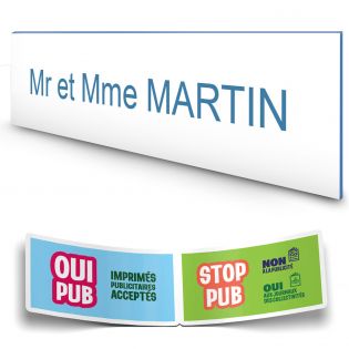Plaque boite aux lettres personnalisée adhésive au format 100x25mm - blanche lettres bleues - 1 ligne