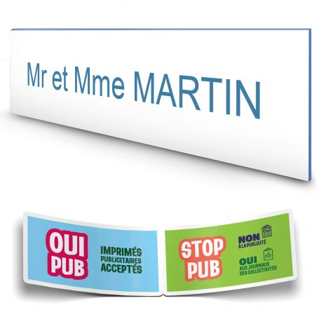 Plaque boite aux lettres personnalisée adhésive au format 100x25mm - blanche- 1 ligne +Stickers Stop Pub Offerts