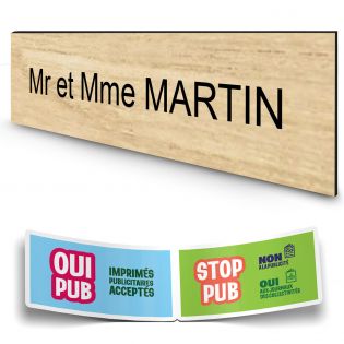 Plaque boite aux lettres personnalisée adhésive au format 100x25mm - effet bois clair lettres noires - 1 ligne