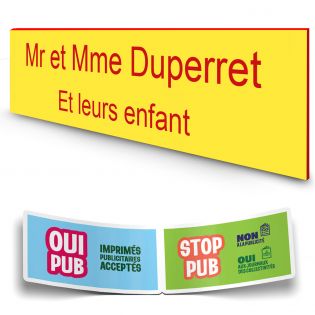 Plaque boite aux lettres personnalisée adhésive au format 100x25mm - Jaune lettres rouges - 2 lignes