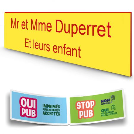Plaque boite aux lettres personnalisée adhésive au format 100x25mm - Jaune lettres rouges - 2 lignes +Stickers Stop Pub Offerts
