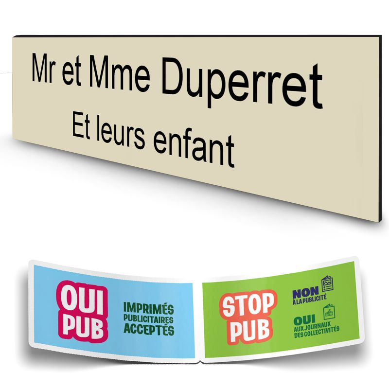 Plaque boite aux lettres personnalisée adhésive au format 100x25mm - beige- 2 lignes +Stickers Stop Pub Offerts Plaque boite aux lettres personnalisée adhésive au format 100x25mm - beige- 2 lignes +Stickers Stop Pub Offerts