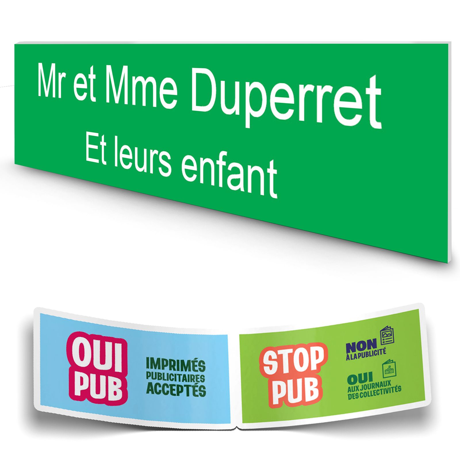Plaque boite aux lettres personnalisée adhésive au format 100x25mm - vert pomme- 2 lignes +Stickers Stop Pub Offerts