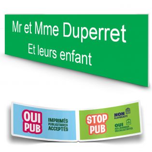 Plaque boite aux lettres personnalisée adhésive au format 100x25mm - vert pomme- 2 lignes +Stickers Stop Pub Offerts