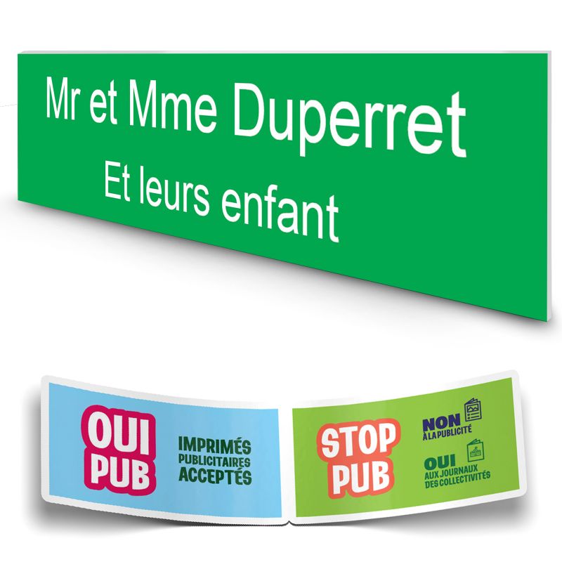 Plaque boite aux lettres personnalisée adhésive au format 100x25mm - vert pomme- 2 lignes +Stickers Stop Pub Offerts Plaque boite aux lettres personnalisée adhésive au format 100x25mm - vert pomme- 2 lignes +Stickers Stop Pub Offerts