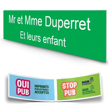 Plaque boite aux lettres personnalisée adhésive au format 100x25mm - vert pomme- 2 lignes +Stickers Stop Pub Offerts