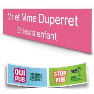 Plaque boite aux lettres personnalisée adhésive au format 100x25mm - rose lettres blanches - 2 lignes
