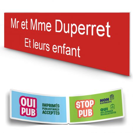Plaque boite aux lettres personnalisée adhésive au format 100x25mm - rouge- 2 lignes +Stickers Stop Pub Offerts