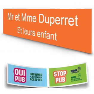 Plaque boite aux lettres personnalisée adhésive au format 100x25mm - orange lettres blanches - 2 lignes