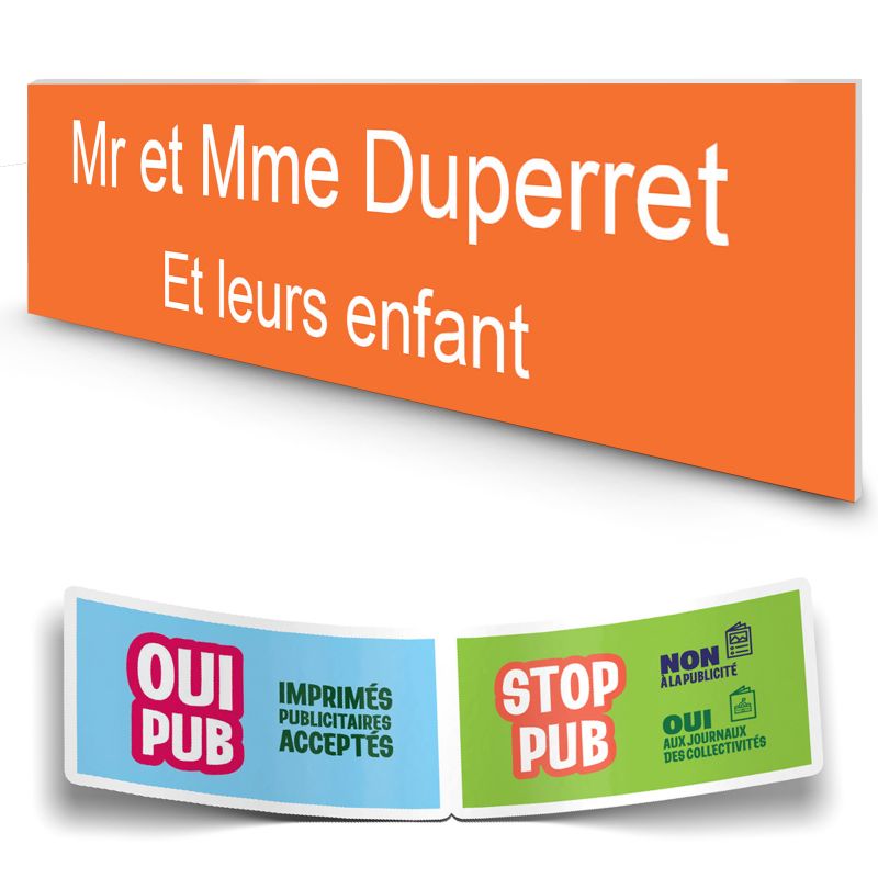 Plaque boite aux lettres personnalisée adhésive au format 100x25mm - orange- 2 lignes +Stickers Stop Pub Offerts Plaque boite aux lettres personnalisée adhésive au format 100x25mm - orange- 2 lignes +Stickers Stop Pub Offerts