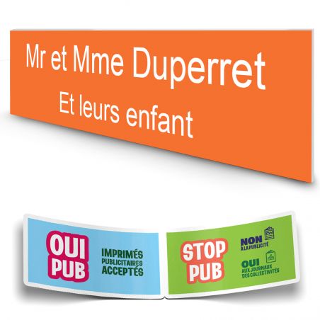Plaque boite aux lettres personnalisée adhésive au format 100x25mm - orange lettres blanches - 2 lignes
