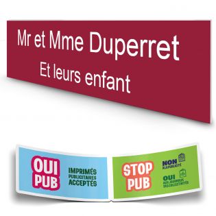 Plaque boite aux lettres personnalisée adhésive au format 100x25mm - bordeaux lettres blanches - 2 lignes