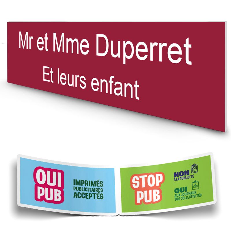 Plaque boite aux lettres personnalisée adhésive au format 100x25mm - bordeaux lettres blanches - 2 lignes Plaque boite aux lettres personnalisée adhésive au format 100x25mm - bordeaux lettres blanches - 2 lignes