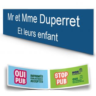 Plaque boite aux lettres personnalisée adhésive au format 100x25mm - bleue lettres blanches - 2 lignes
