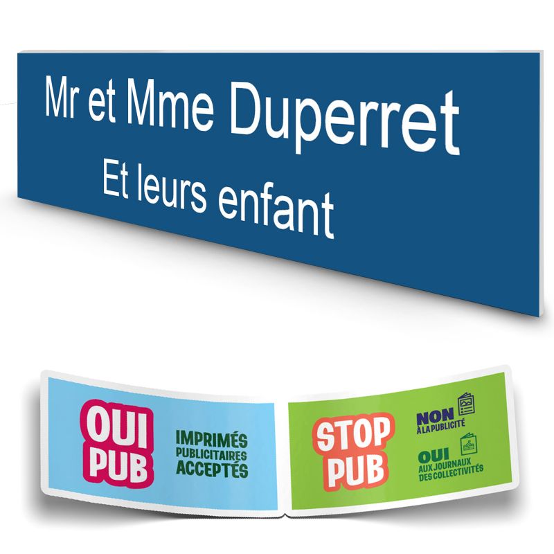 Plaque boite aux lettres personnalisée adhésive au format 100x25mm - bleue lettres blanches - 2 lignes Plaque boite aux lettres personnalisée adhésive au format 100x25mm - bleue lettres blanches - 2 lignes