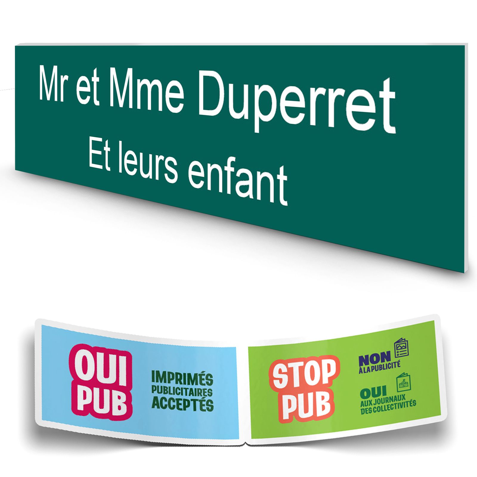 Plaque boite aux lettres personnalisée adhésive au format 100x25mm - vert foncé lettres blanches - 2 lignes