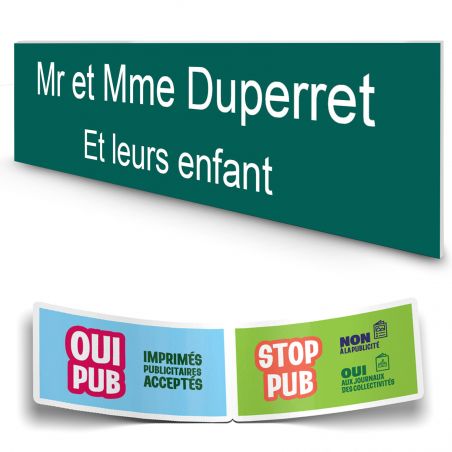 Plaque boite aux lettres personnalisée adhésive au format 100x25mm - vert foncé lettres blanches - 2 lignes