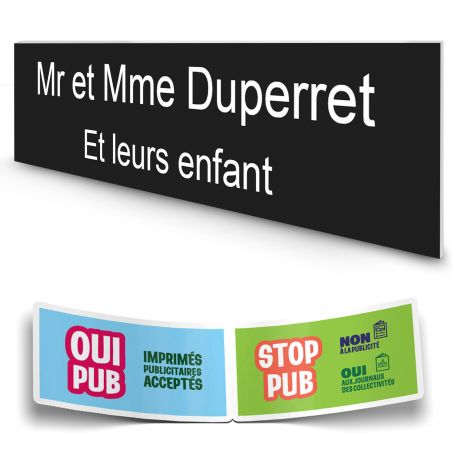 Plaque boite aux lettres personnalisée adhésive au format 100x25mm - noire lettres blanches - 2 lignes