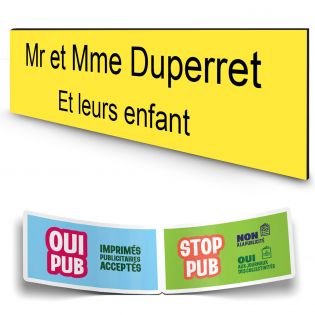 Plaque boite aux lettres personnalisée adhésive au format 100x25mm - jaune- 2 lignes +Stickers Stop Pub Offerts