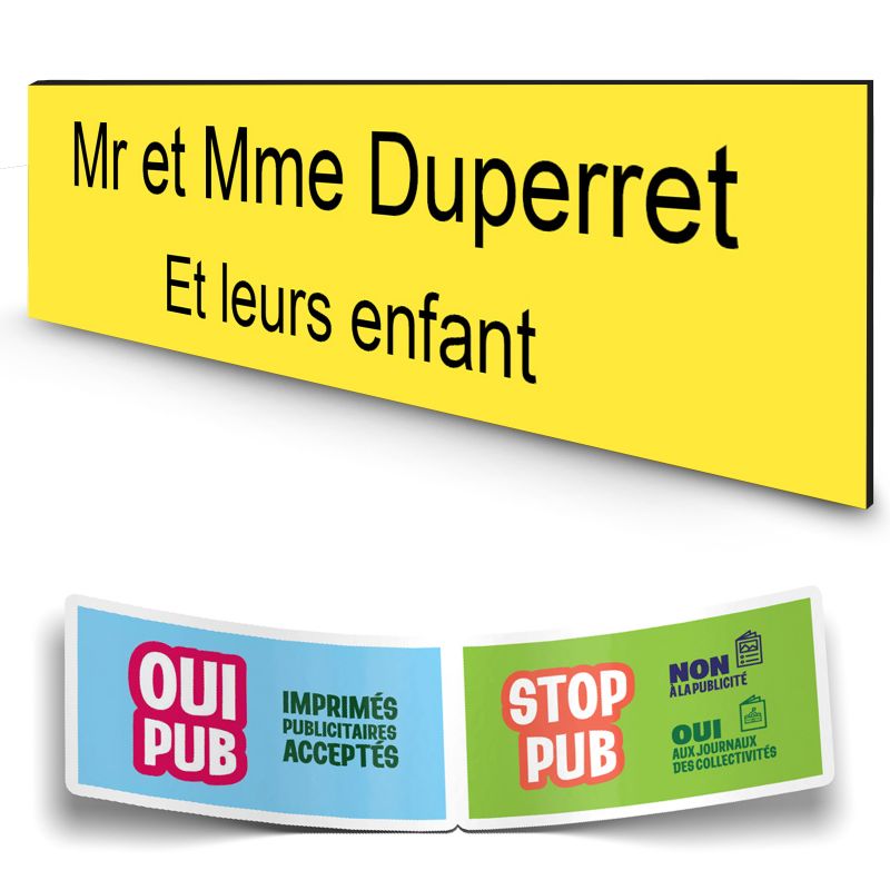 Plaque boite aux lettres personnalisée adhésive au format 100x25mm - jaune- 2 lignes +Stickers Stop Pub Offerts Plaque boite aux lettres personnalisée adhésive au format 100x25mm - jaune- 2 lignes +Stickers Stop Pub Offerts