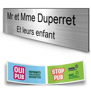 Plaque boite aux lettres personnalisée adhésive au format 100x25mm - argent- 2 lignes +Stickers Stop Pub Offerts