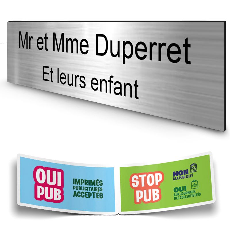 Plaque boite aux lettres personnalisée adhésive au format 100x25mm - argent- 2 lignes +Stickers Stop Pub Offerts Plaque boite aux lettres personnalisée adhésive au format 100x25mm - argent- 2 lignes +Stickers Stop Pub Offerts