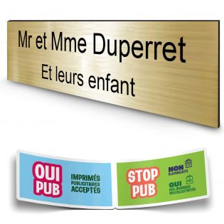 Plaque boite aux lettres personnalisée adhésive au format 100x25mm - or brossé lettres noires - 2 lignes