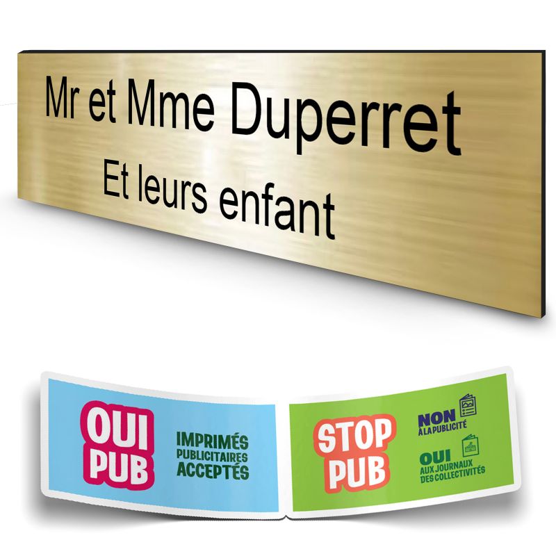 Plaque boite aux lettres personnalisée adhésive au format 100x25mm - or brossé lettres noires - 2 lignes Plaque boite aux lettres personnalisée adhésive au format 100x25mm - or brossé lettres noires - 2 lignes