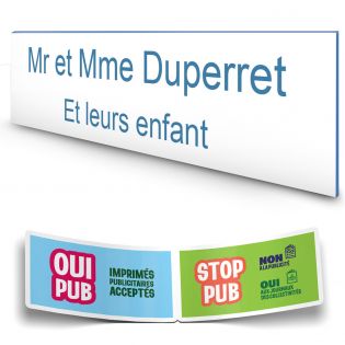 Plaque boite aux lettres personnalisée adhésive au format 100x25mm - blanche lettres bleues - 2 lignes