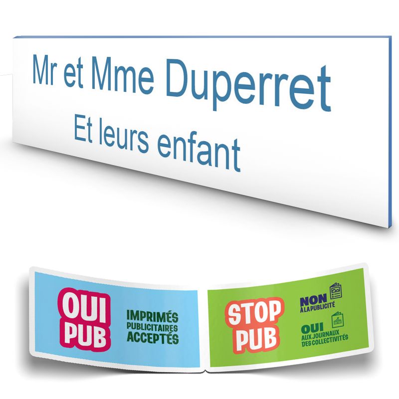 Plaque boite aux lettres personnalisée adhésive au format 100x25mm - blanche lettres bleues - 2 lignes Plaque boite aux lettres personnalisée adhésive au format 100x25mm - blanche lettres bleues - 2 lignes