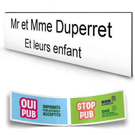 Plaque boite aux lettres personnalisée adhésive au format 100x25mm - blanche lettres noires - 2 lignes
