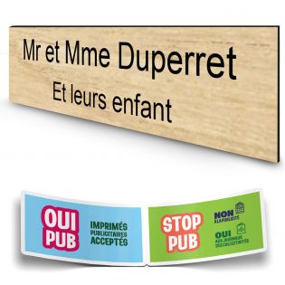 Plaque boite aux lettres personnalisée adhésive au format 100x25mm - effet bois clair- 2 lignes +Stickers Stop Pub Offerts