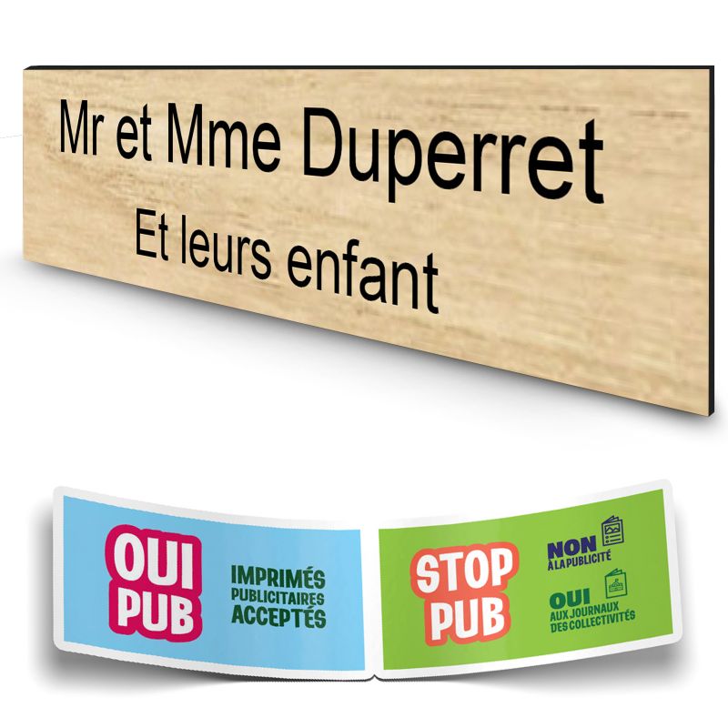 Plaque boite aux lettres personnalisée adhésive au format 100x25mm - effet bois clair- 2 lignes +Stickers Stop Pub Offerts Plaque boite aux lettres personnalisée adhésive au format 100x25mm - effet bois clair- 2 lignes +Stickers Stop Pub Offerts