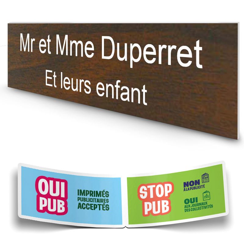Plaque boite aux lettres personnalisée adhésive au format 100x25mm - effet bois foncé- 2 lignes +Stickers Stop Pub Offerts Plaque boite aux lettres personnalisée adhésive au format 100x25mm - effet bois foncé- 2 lignes +Stickers Stop Pub Offerts