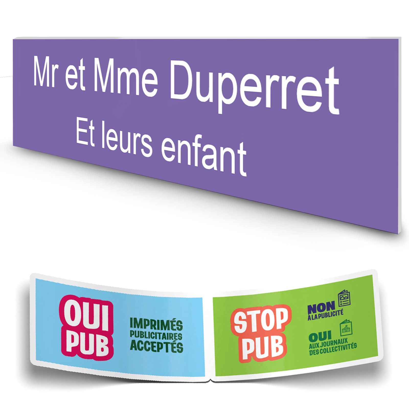 Plaque boite aux lettres personnalisée adhésive au format 100x25mm - violette lettres blanches - 2 lignes