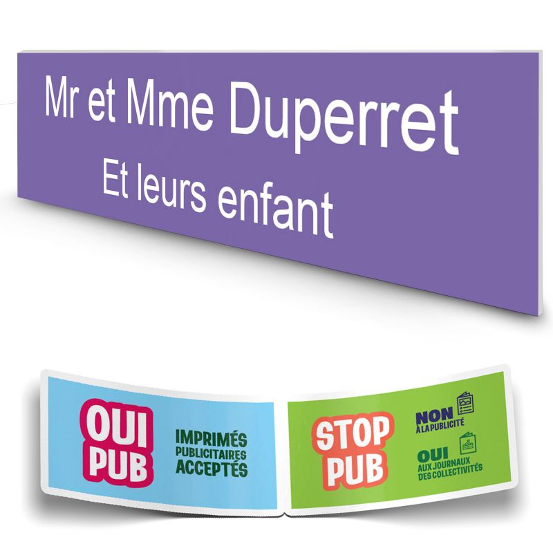 Plaque boite aux lettres personnalisée adhésive au format 100x25mm - violette lettres blanches - 2 lignes Plaque boite aux lettres personnalisée adhésive au format 100x25mm - violette lettres blanches - 2 lignes