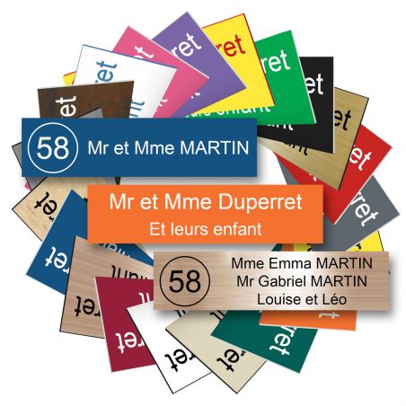 Étiquette Nom + Numéro personnalisable pour boîte aux lettres · 100x25x0,8 mm · Bleu lettres blanches - 3 lignes