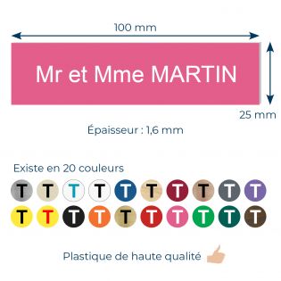 Plaque boite aux lettres personnalisée adhésive au format 100x25mm - rose lettres blanches - 1 ligne