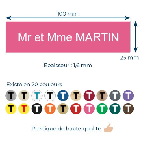 Plaque boite aux lettres personnalisée adhésive au format 100x25mm - rose lettres blanches - 1 ligne